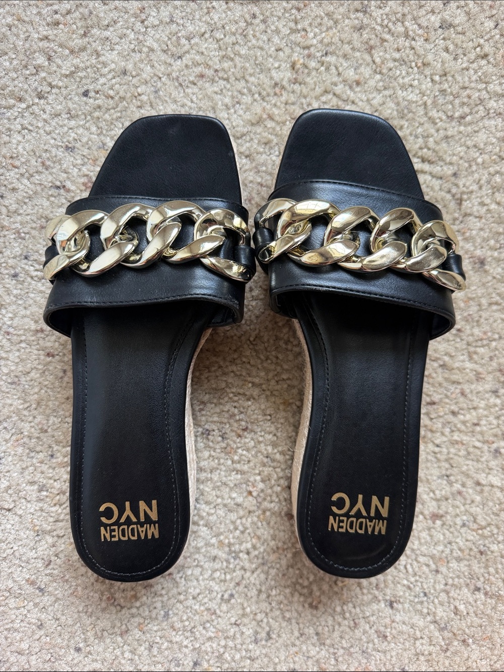 Madden NYC Black Slide Sandals with Gold Chain Accent